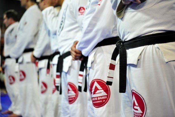 A Close Up of a Line of BJJ Students’ Black Belts 