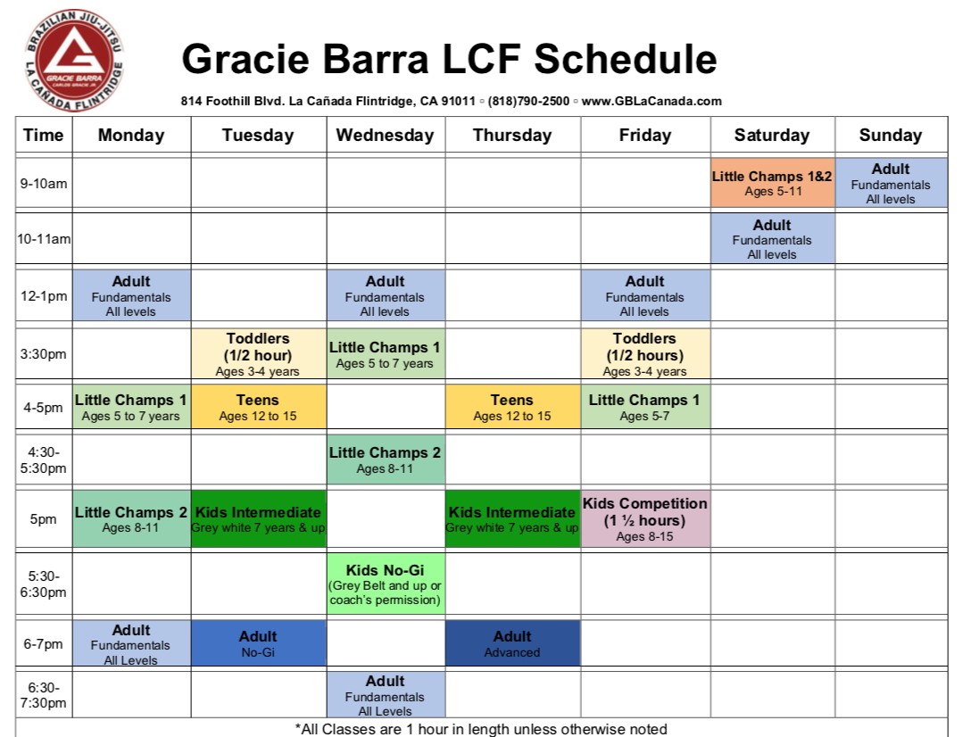 Lcf Schedule - Gracie Barra La Canada Flintridge | Gracie Barra La ...