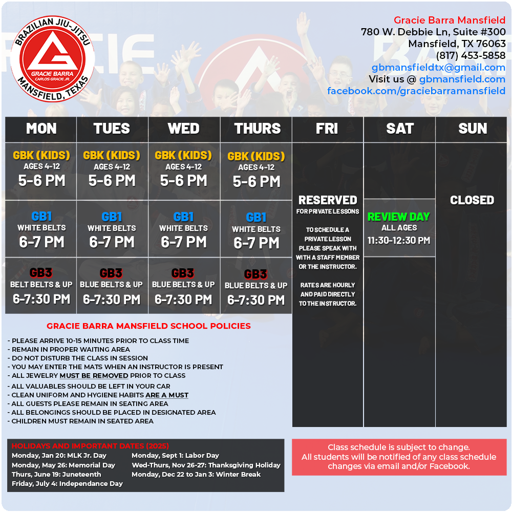 GB Mansfield Texas Class Schedule 2025