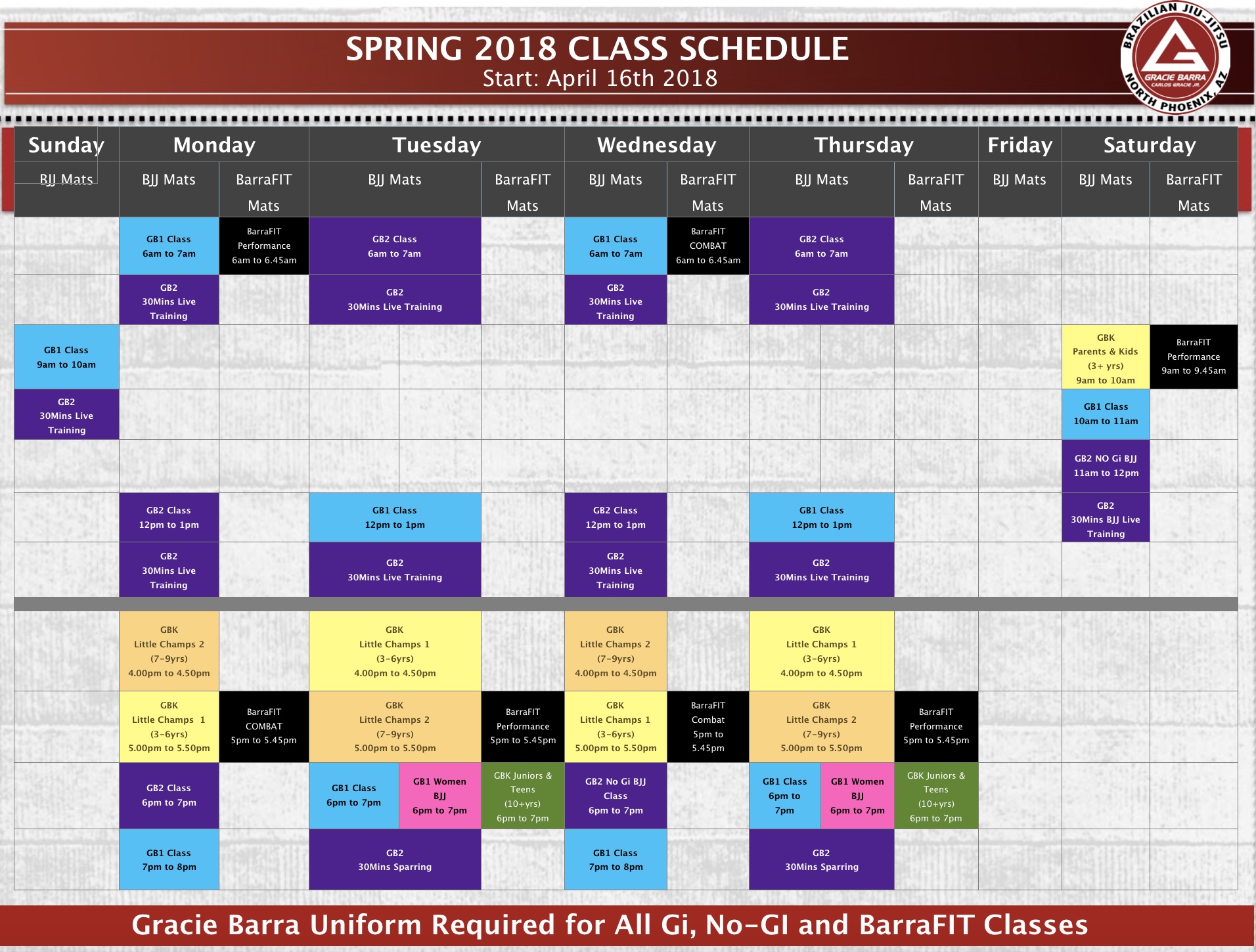 Gracie Barra North Phoenix - Spring 2018 Schedule