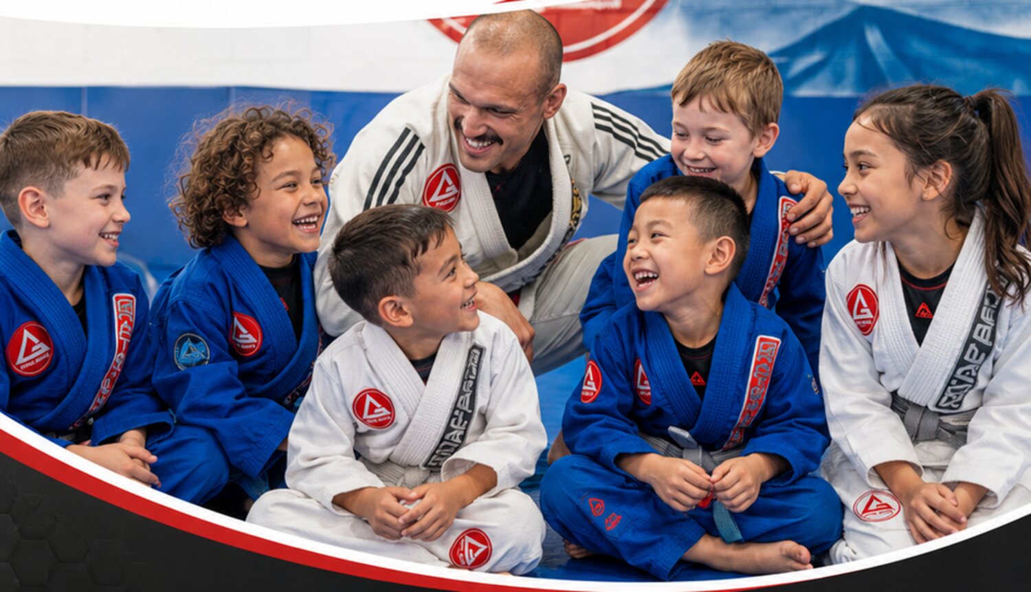 Gracie Barra St Peters kids jiu-jitsu class laughing with their coach