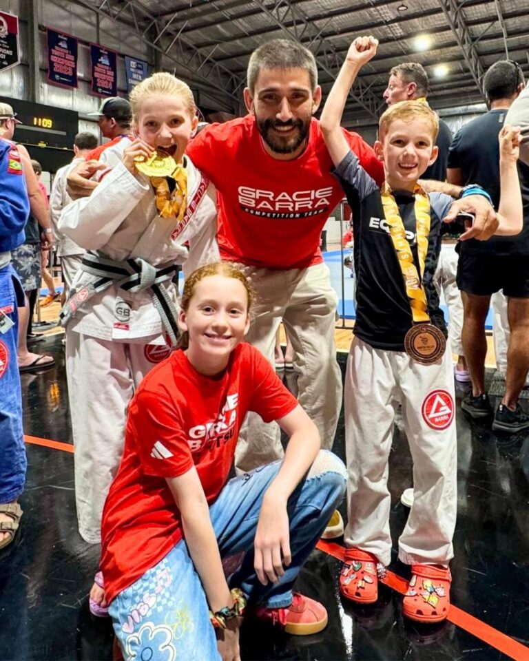 Gracie Barra Headquarters Sydney Frenchs Forest kids celebrating medals at CompNet Hunter Valley 2026