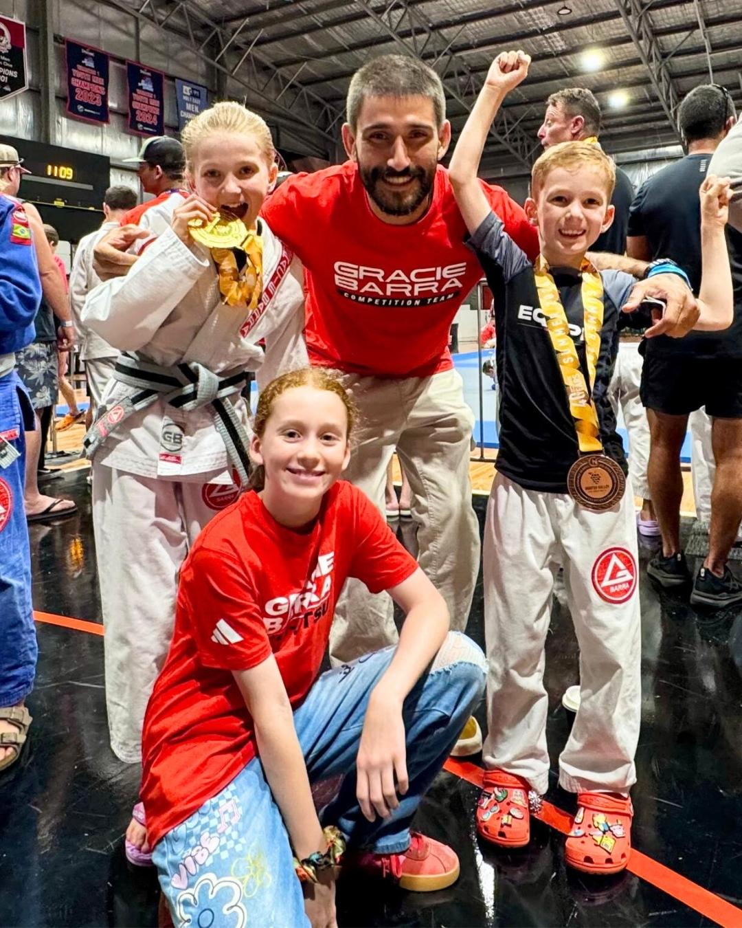 Gracie Barra Headquarters Sydney Frenchs Forest kids celebrating medals at CompNet Hunter Valley 2026