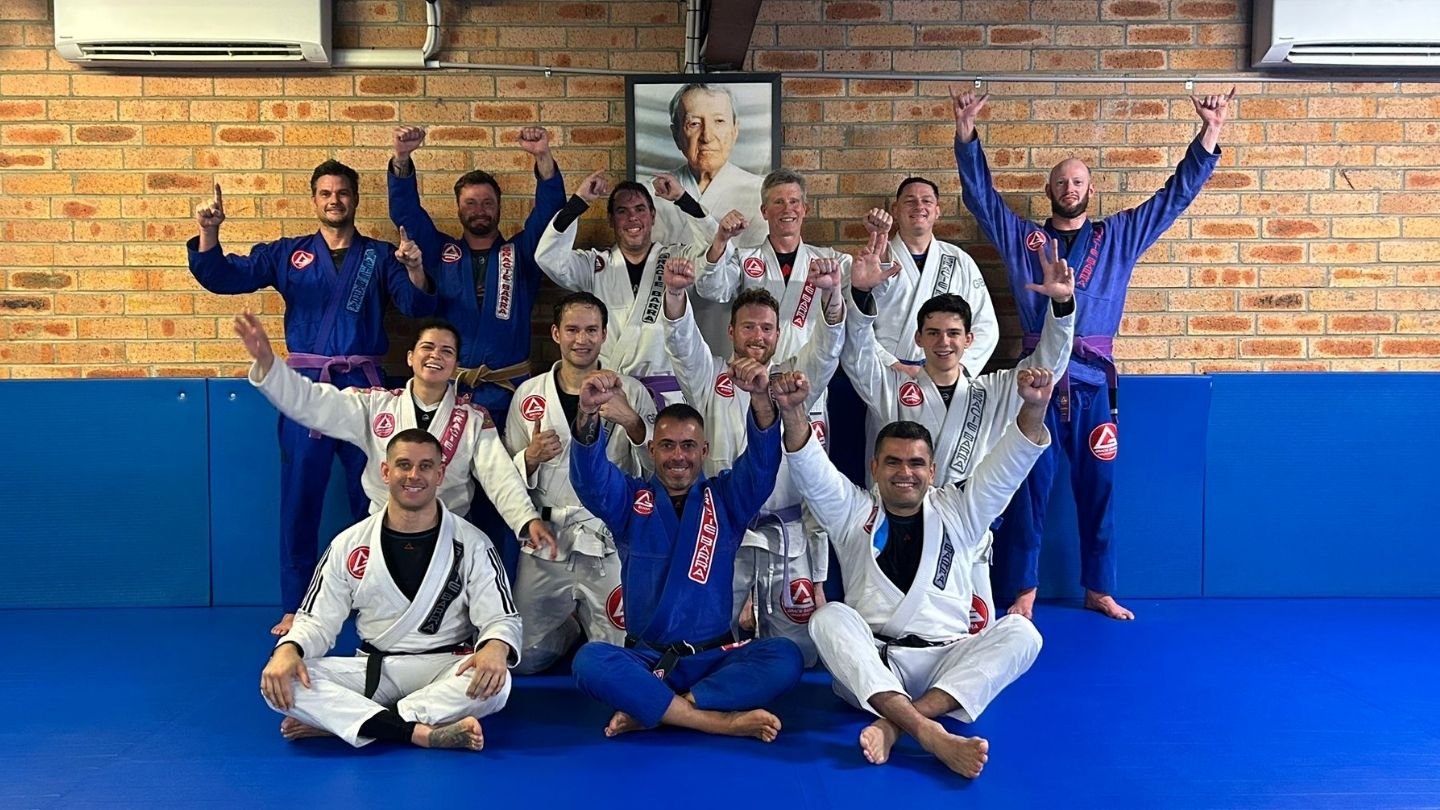 Gracie Barra Oceania members celebrate after special training with Professor Marcelo Rezende at GB Central Coast