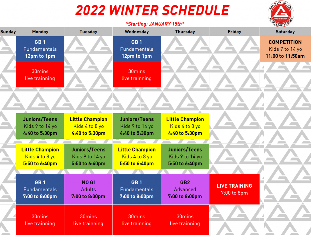 2022 Winter Schedule - Gracie Barra Rockledge | Gracie Barra Rockledge