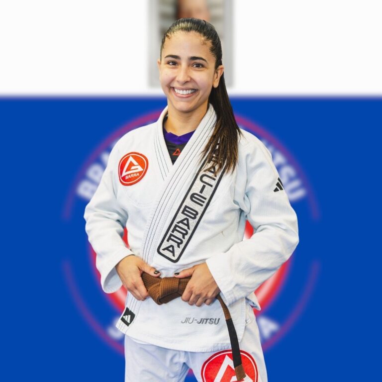 Coach Lorraine Hurtado wearing Gracie Barra uniform, brown belt instructor at Gracie Barra Stafford.