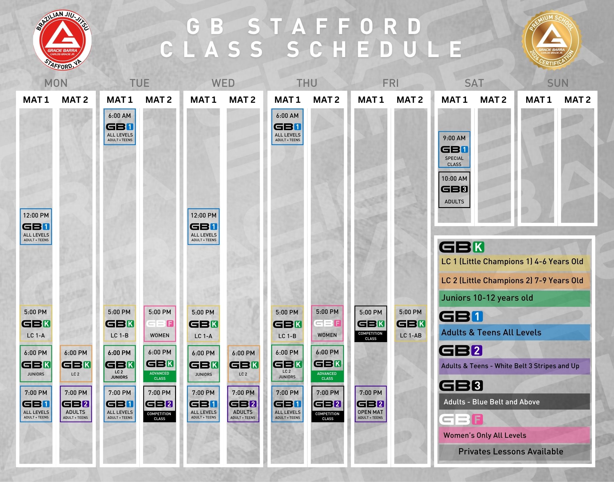 Gracie Barra Stafford class schedule showing weekly Brazilian Jiu-Jitsu classes for kids, teens, and adults including GB1, GB2, GB3, NoGi, and women’s program times.