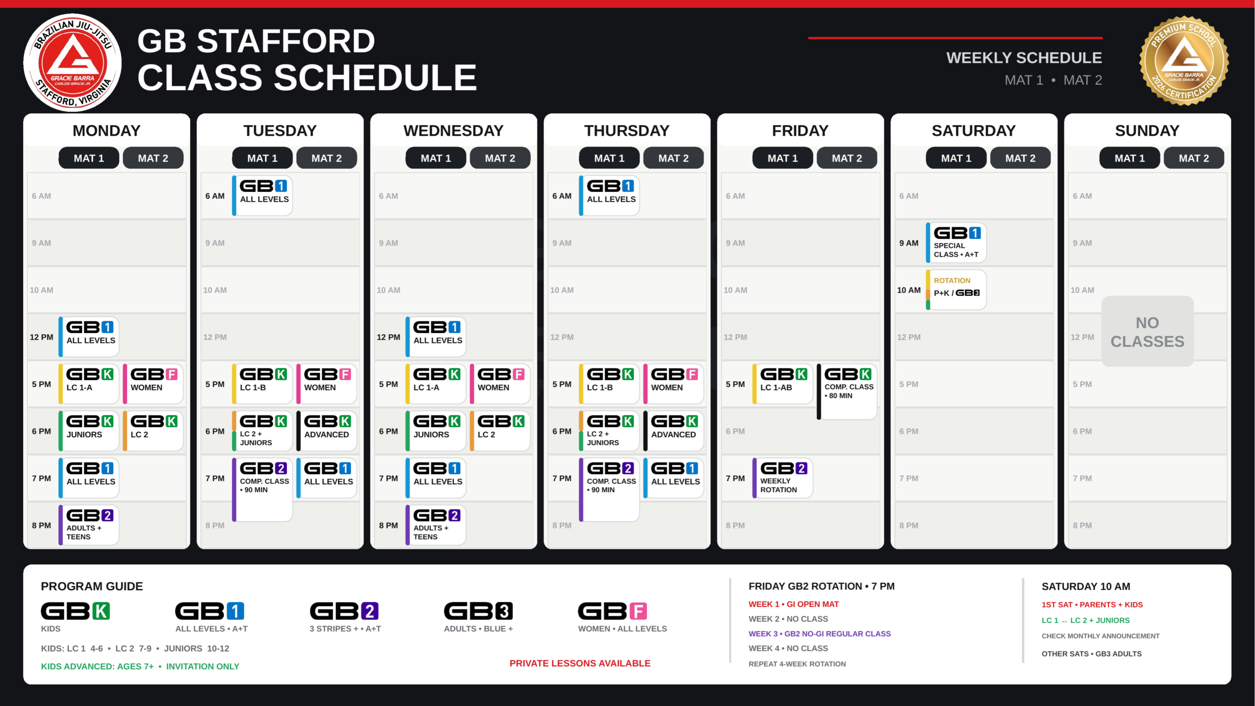 Gracie Barra Stafford weekly class schedule for August 2026, showing Mat 1 and Mat 2 classes from Monday through Saturday.