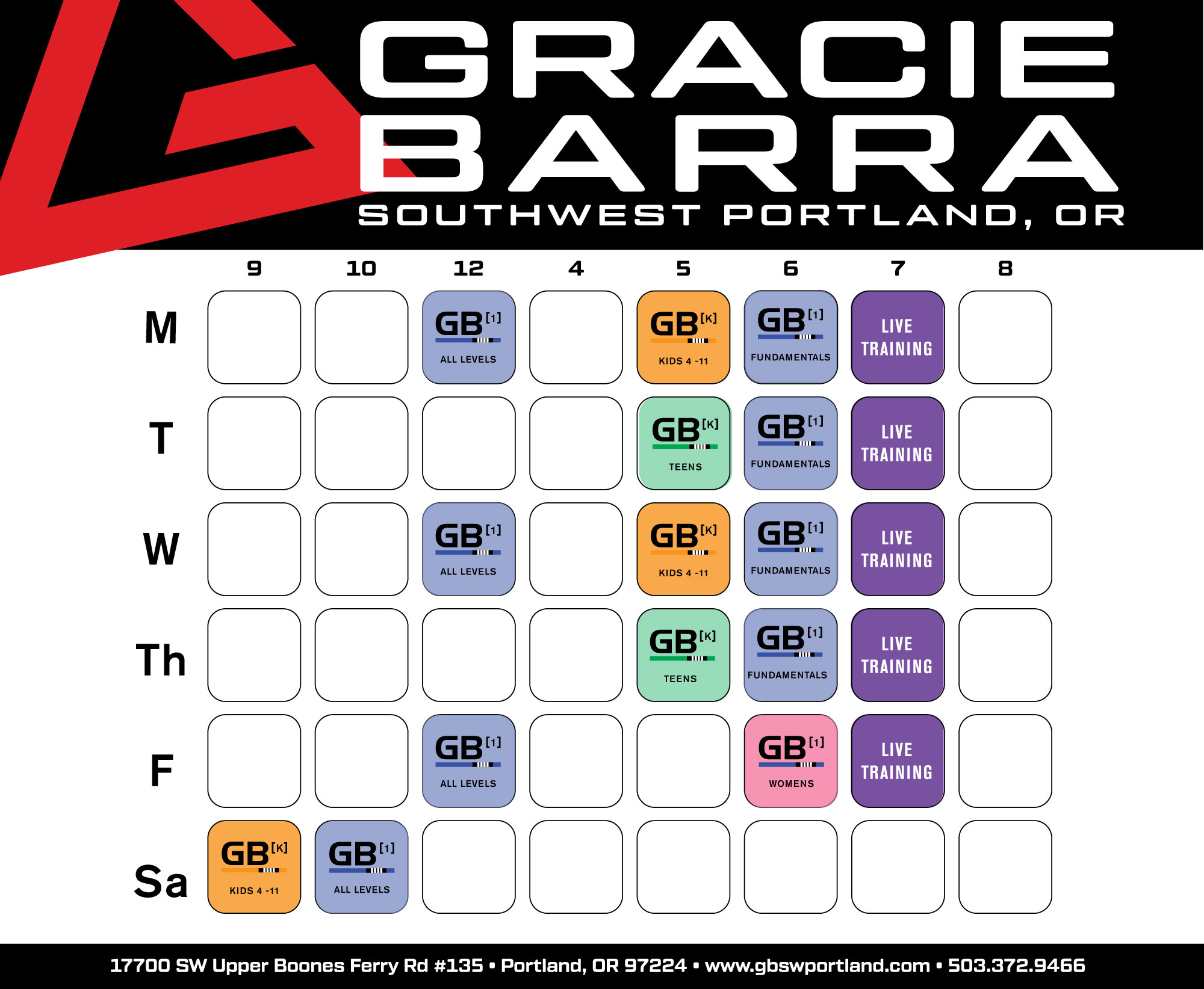 Gracie Barra SW Portland Schedule